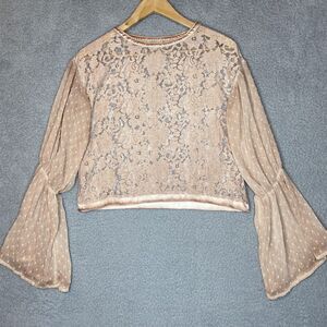 GIMMICKS BY BKE Peasant Lace Top Women's M Lanterned Sleeves Rose Pink Hombre